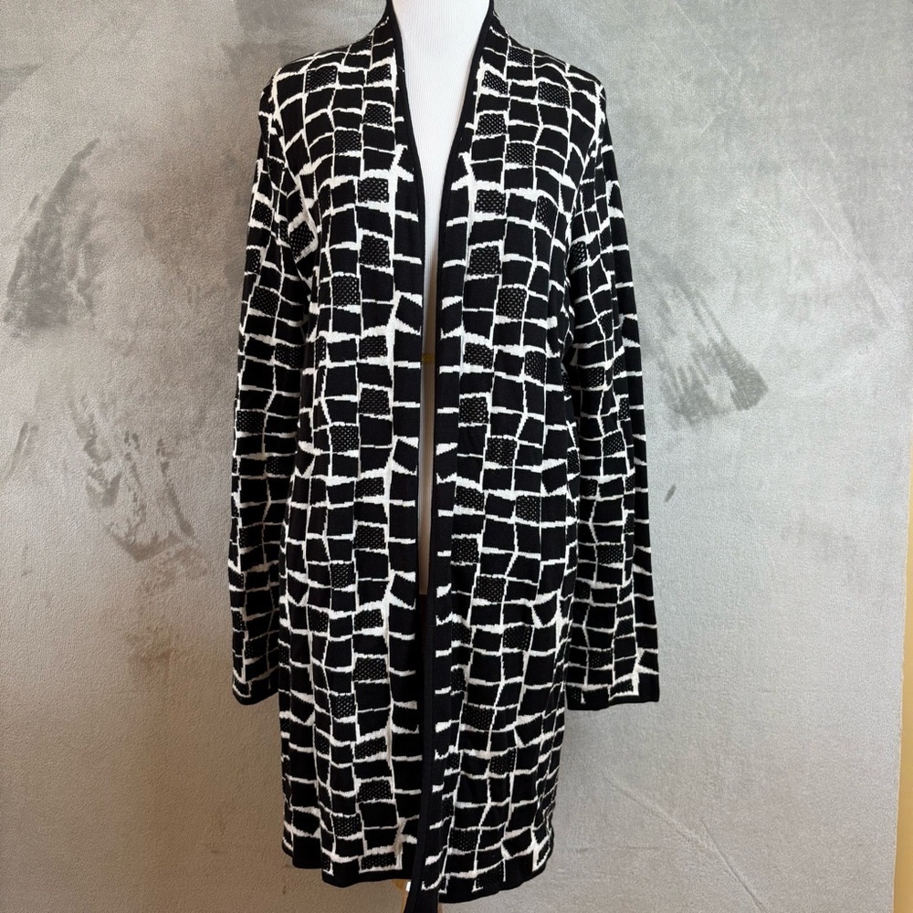 Kasper Monochrome Block Grid Pattern Long Cardigan Sz M